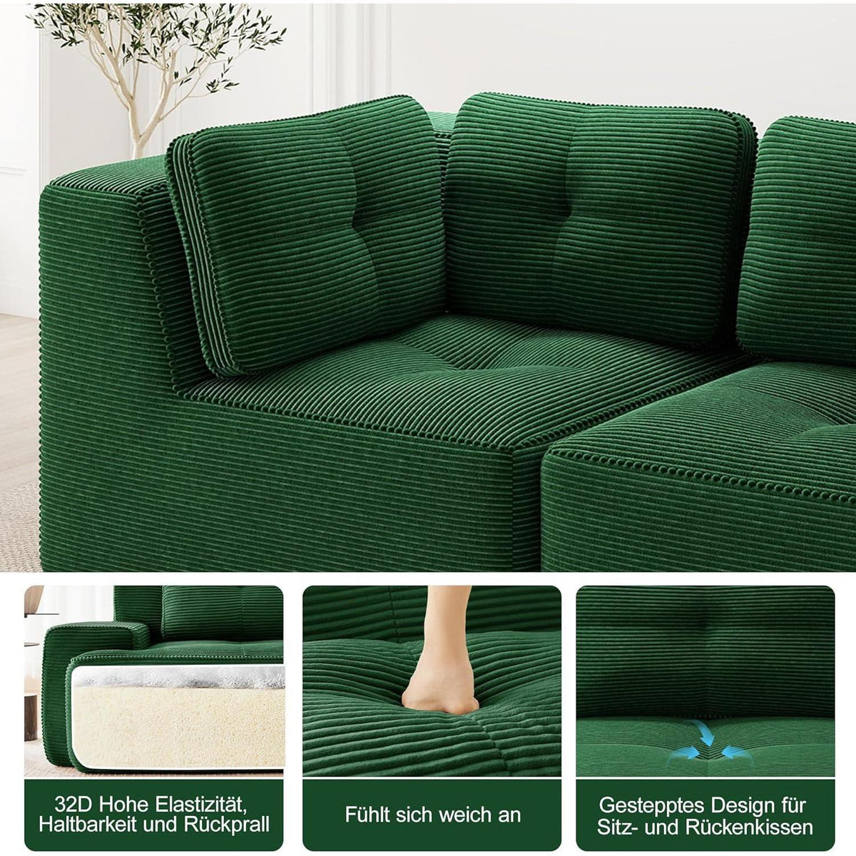 Grünes Ecksofa modular, 177x382 cm, Cordstoff, Boneless