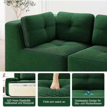 Grünes Ecksofa modular, 177x382 cm, Cordstoff, Boneless