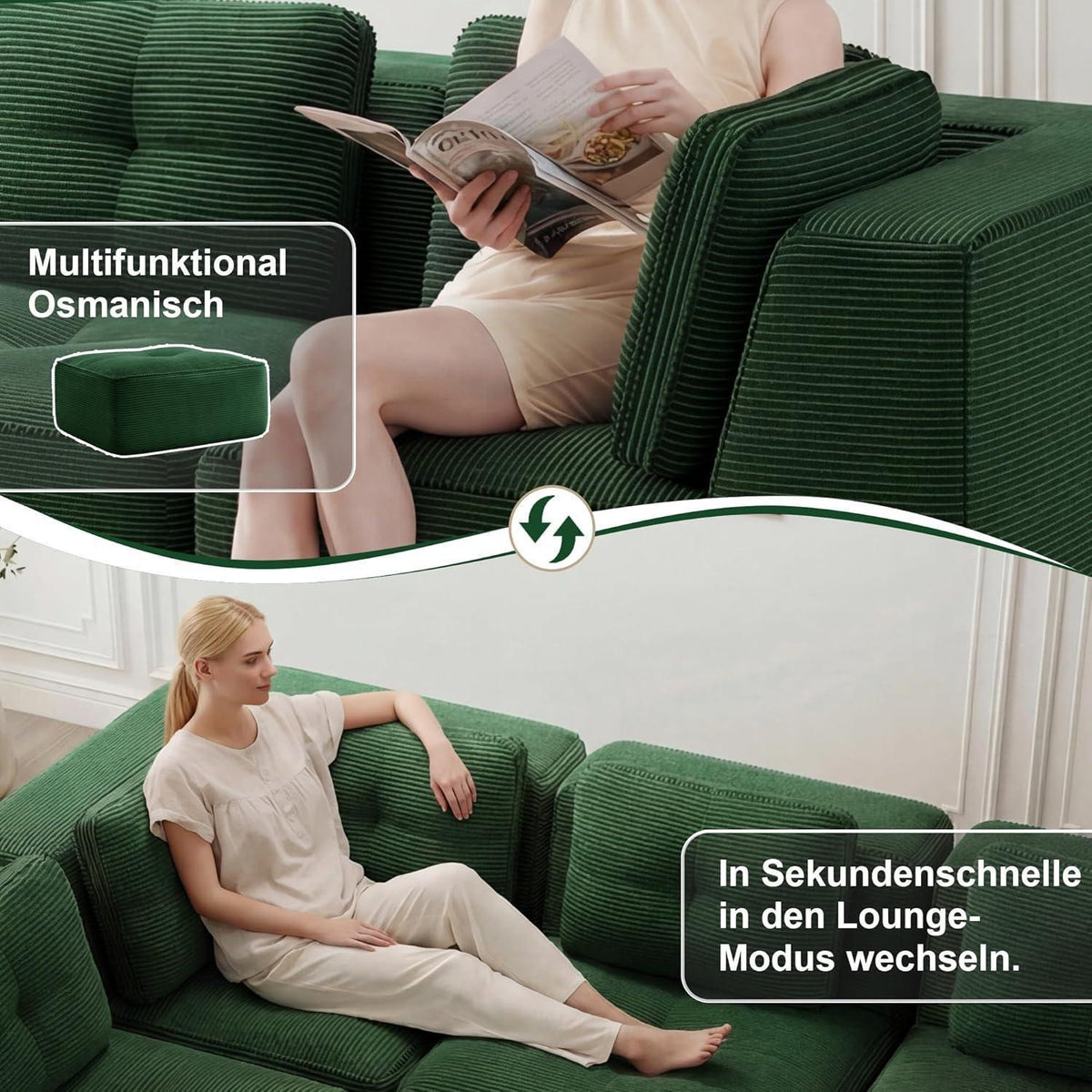 Grünes Ecksofa modular, 177x382 cm, Cordstoff, Boneless
