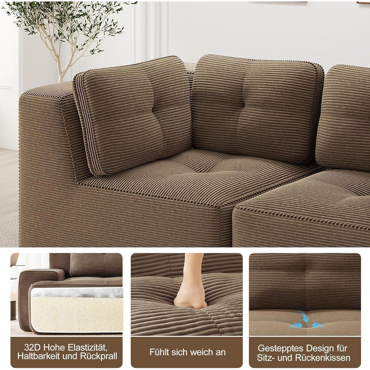 Modulares Ecksofa 3-Sitzer mit Fußhocker, Braun