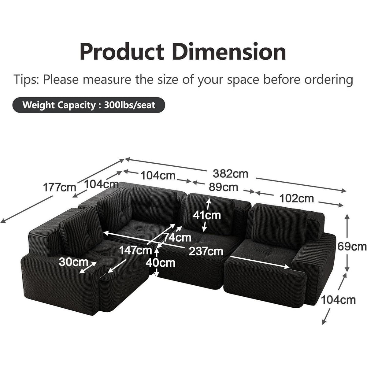Modulares Ecksofa Schwarz 177x382 cm – Boneless Cordstoff Couch