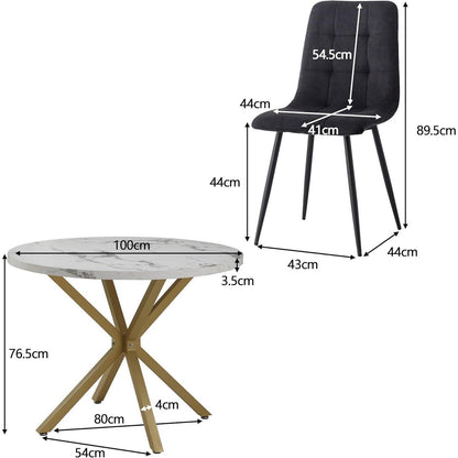 Moderner Esstisch Set mit 4 Samtstühlen – Rund 100cm