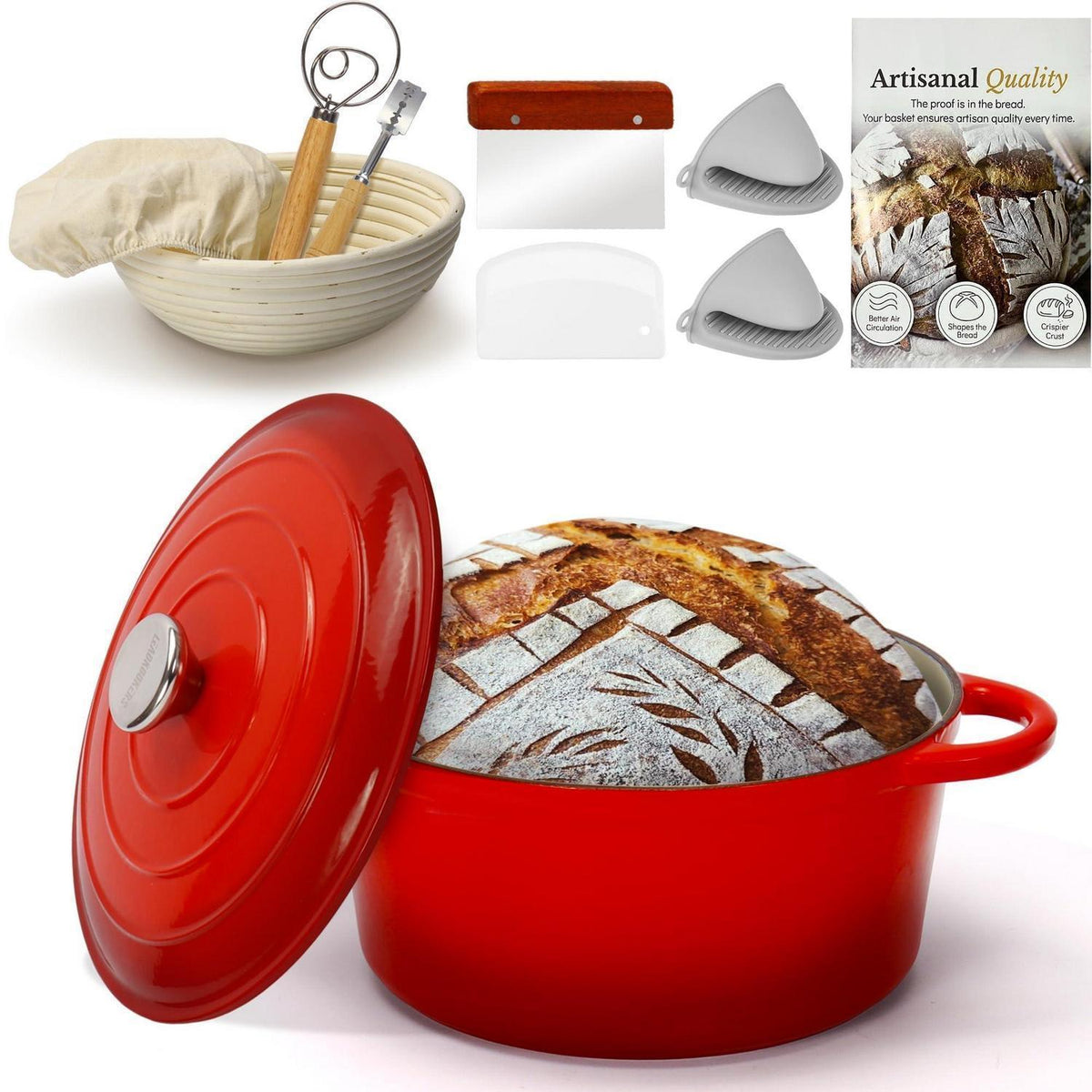 Gusseisen Bräter mit Deckel & Gärkorb – 26cm Rot