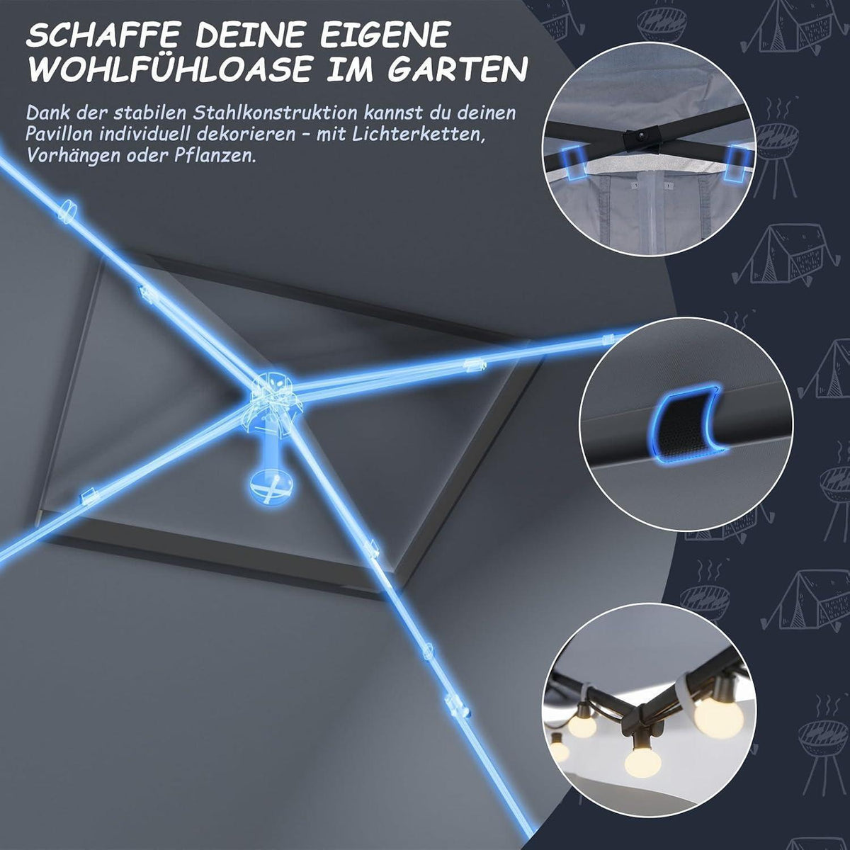 Gartenpavillon 3x3m mit Moskitonetzen & UV-Schutz