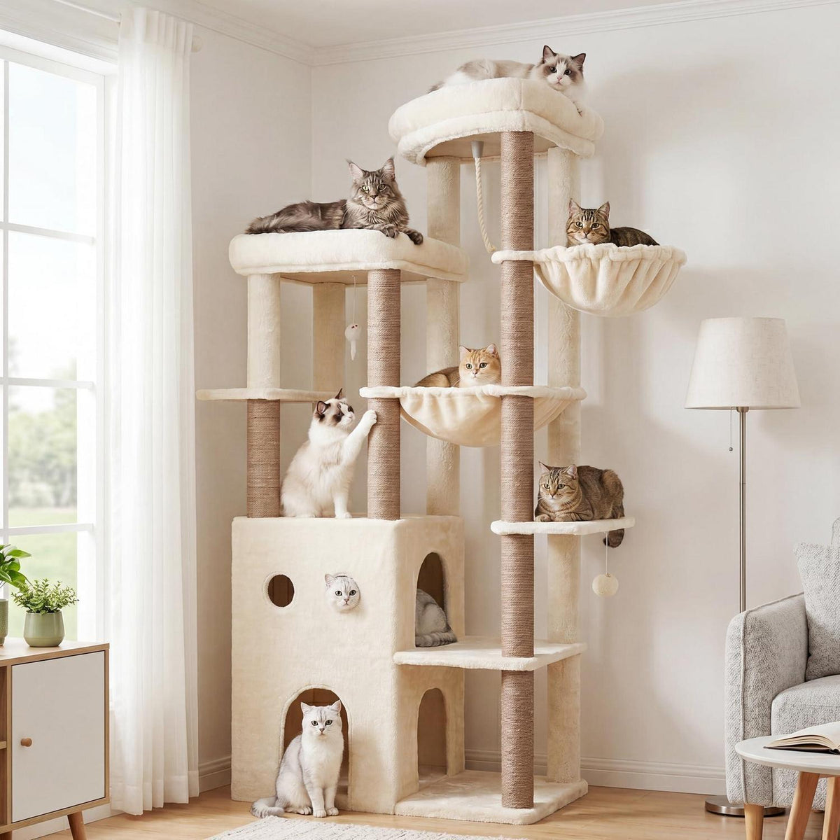 Kratzbaum 177cm mit 2 Höhlen & Hängematte – Beige