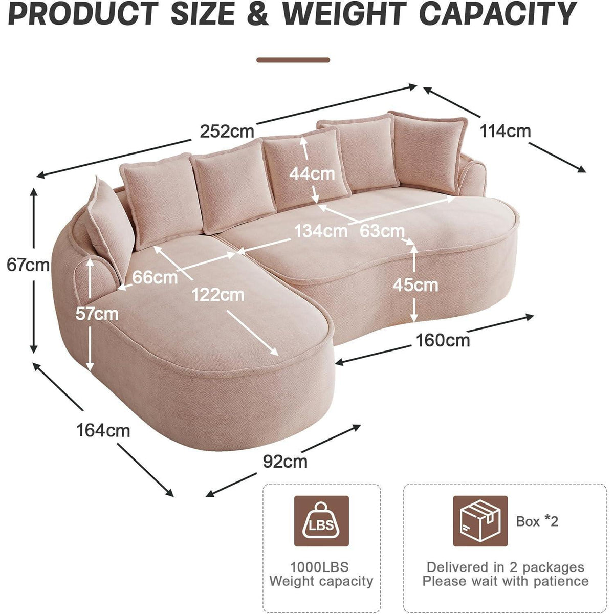 Modulares Chenille Sofa L-Form mit Chaiselongue & Kissen – Rosa