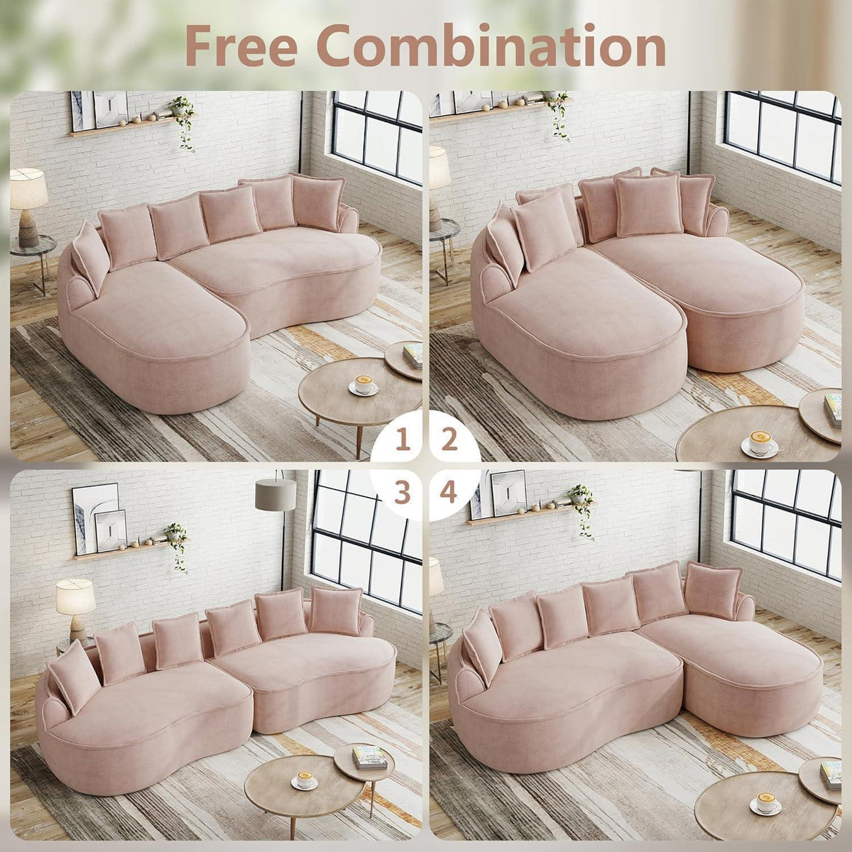 Modulares Chenille Sofa L-Form mit Chaiselongue & Kissen – Rosa