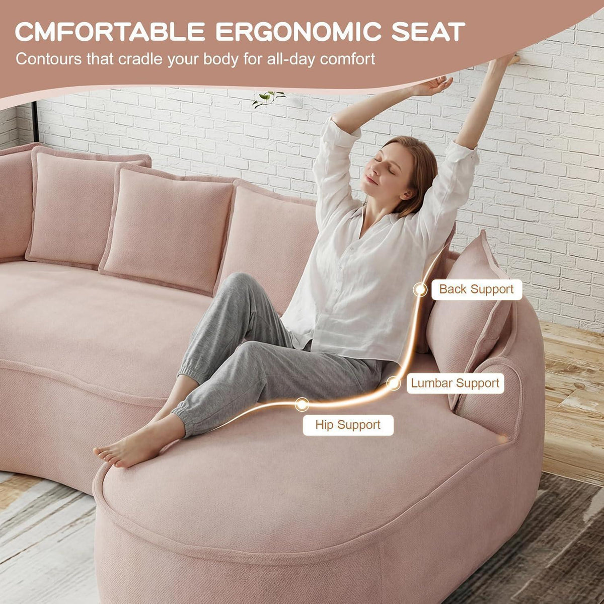 Modulares Chenille Sofa L-Form mit Chaiselongue & Kissen – Rosa