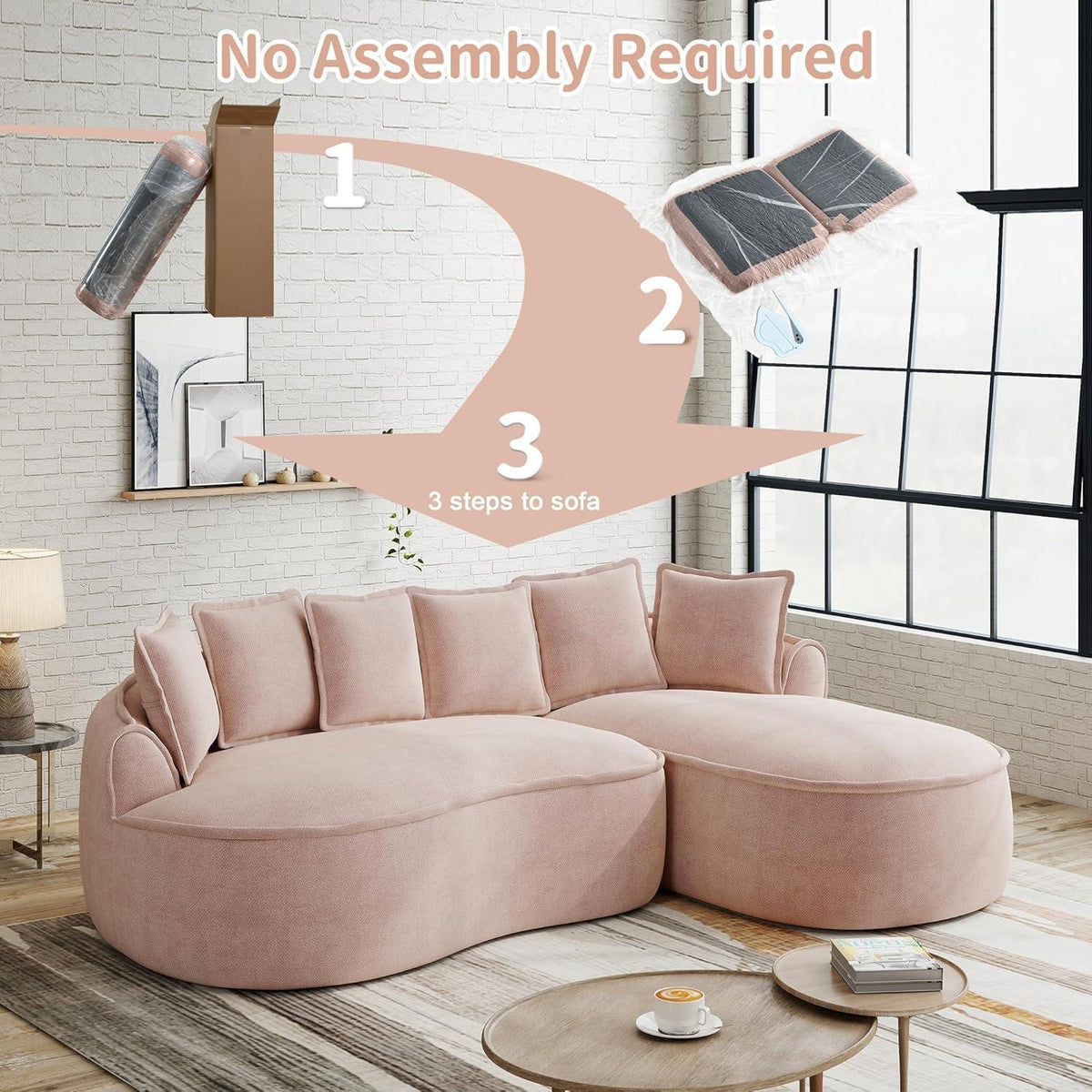 Modulares Chenille Sofa L-Form mit Chaiselongue & Kissen Rosa