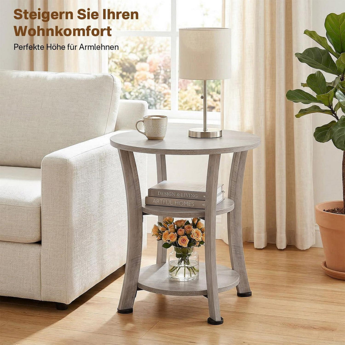 Runder Beistelltisch mit 3 Ebenen, Industrial-Stil, Grau