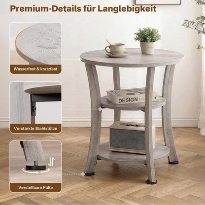 Runder Beistelltisch mit 3 Ebenen, Industrial-Stil, Grau