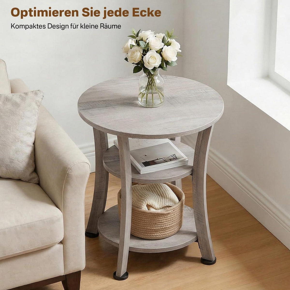 Runder Beistelltisch mit 3 Ebenen, Industrial-Stil, Grau