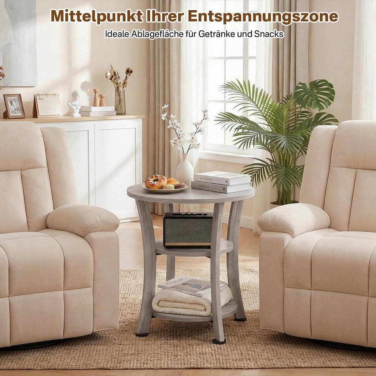 Runder Beistelltisch mit 3 Ebenen, Industrial-Stil, Grau