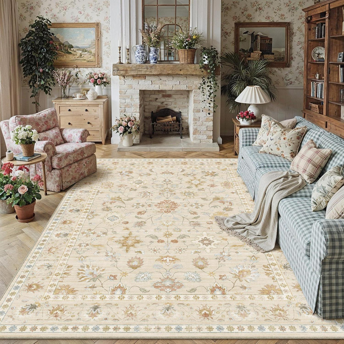 Waschbarer Teppich Wohnzimmer 200x300cm – Hellbeige & Beige Vintage Design