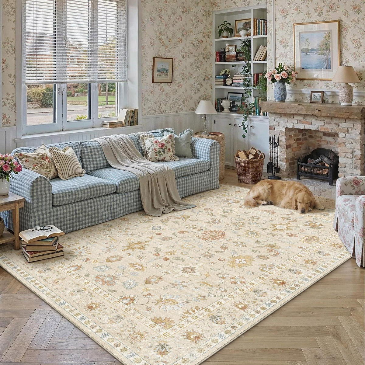 Waschbarer Teppich Wohnzimmer 200x300cm – Hellbeige & Beige Vintage Design