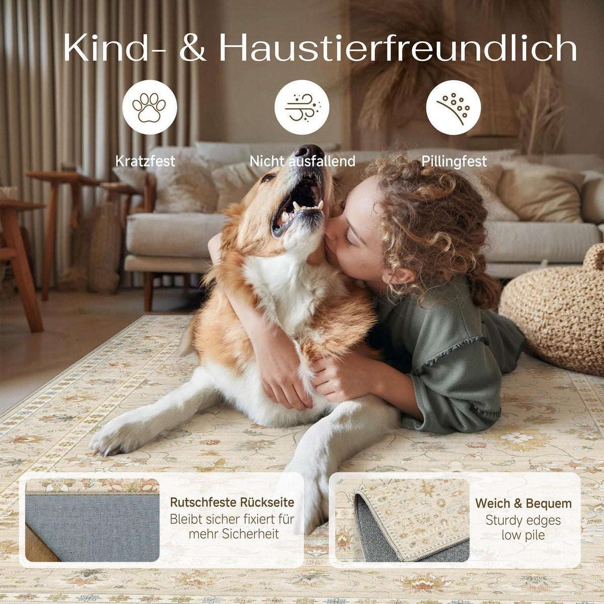 Waschbarer Teppich Wohnzimmer 200x300cm – Hellbeige & Beige Vintage Design