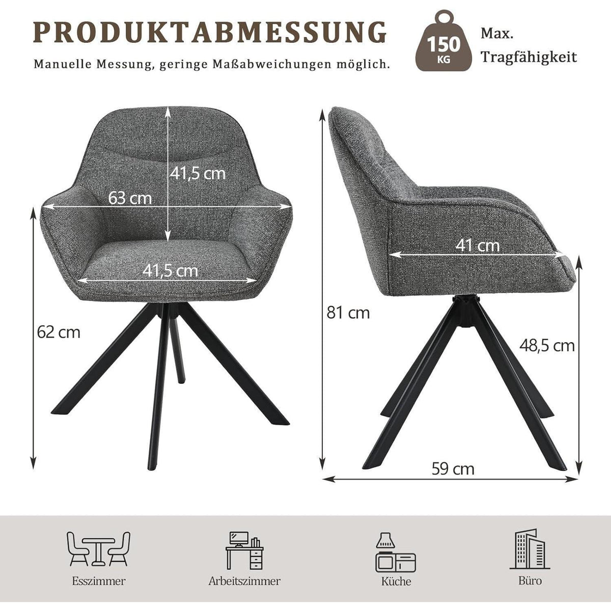 Drehbarer Esszimmerstuhl Set Grau, Chenille, 4er Pack