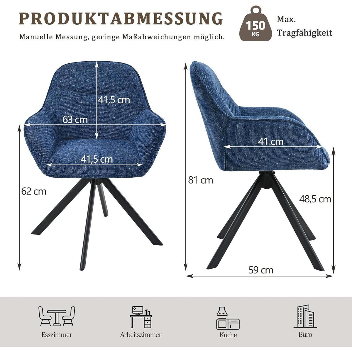 Drehbarer Esszimmerstuhl Set 6er – Dunkelblau, Chenille Polsterstuhl
