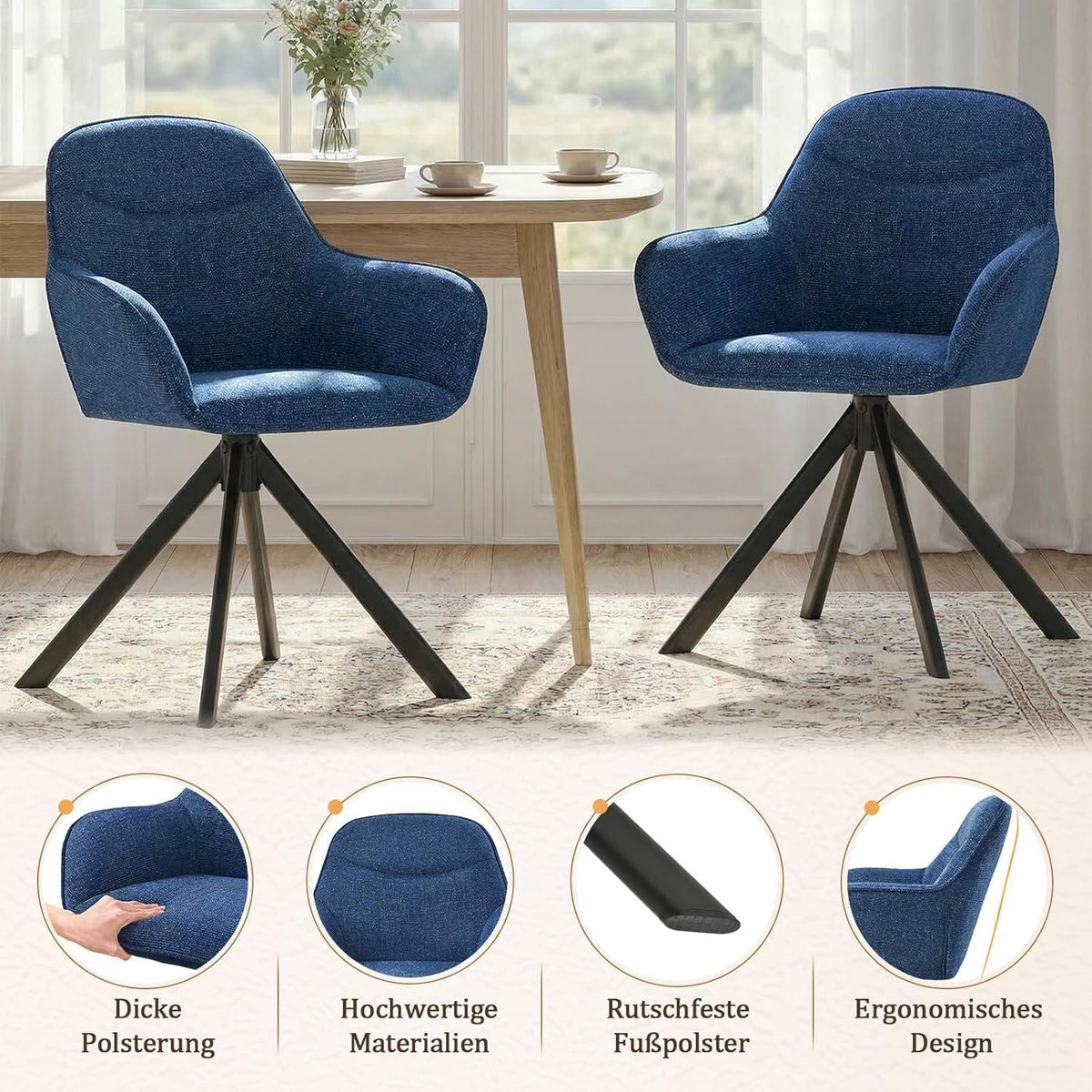 Drehbarer Esszimmerstuhl Set 6er – Dunkelblau, Chenille Polsterstuhl