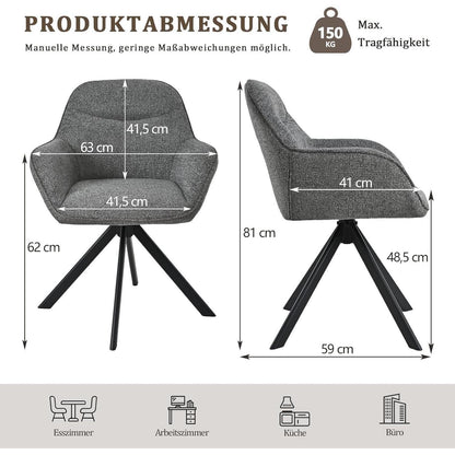 Drehbarer Esszimmerstuhl Set Grau, Chenille Polsterstuhl mit Armlehnen