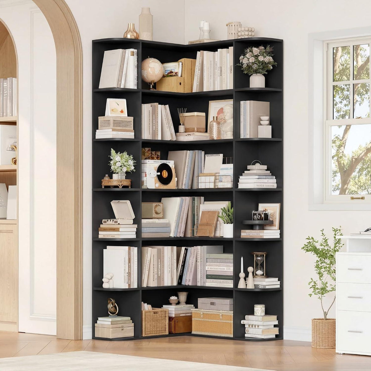 Eckregal L-Form Bücherregal 185 cm mit 6 Ebenen Schwarz
