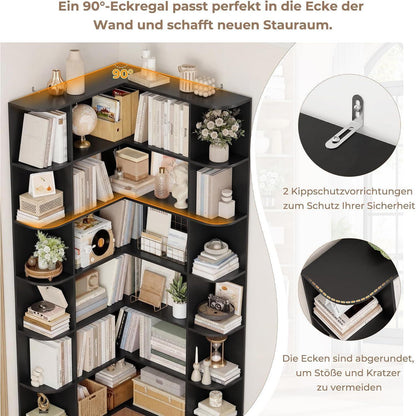 Eckregal L-Form Bücherregal 185 cm mit 6 Ebenen Schwarz