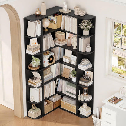 Eckregal L-Form Bücherregal 185 cm mit 6 Ebenen Schwarz