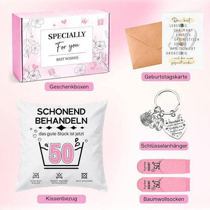 50. Geburtstag Geschenkset für Frau – Kissen, Socken, Schlüsselanhänger & Karte