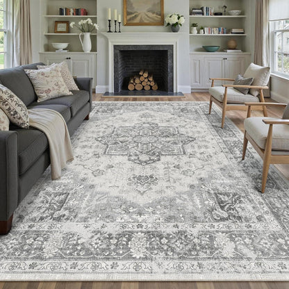 Vintage Teppich Grau 240x300cm Waschbar Rechteckig Wohnzimmer