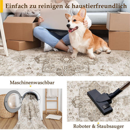 Vintage Teppich Beige 240x300cm Waschbar Rechteckig Wohnzimmer