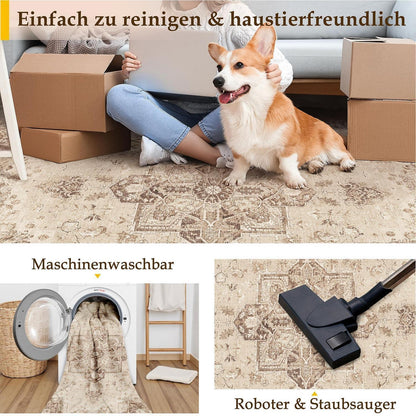 Vintage Teppich Braun 240x300cm Waschbar Rechteckig Wohnzimmer