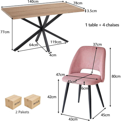 Moderner Esstisch Set mit 4 Cord-Stühlen (Rosa)