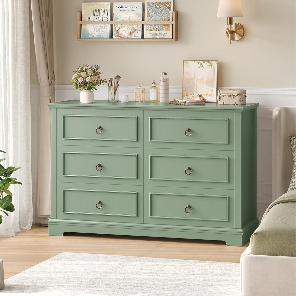 Kommode 6 Schubladen, 120cm Holzoptik Grün – Schlafzimmer Sideboard