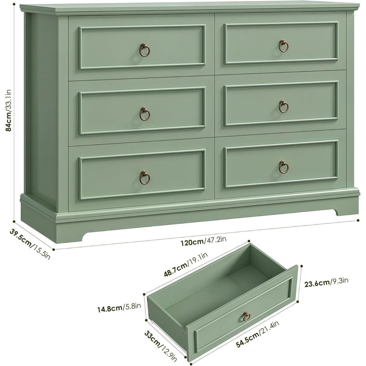 Kommode 6 Schubladen, 120cm Holzoptik Grün – Schlafzimmer Sideboard