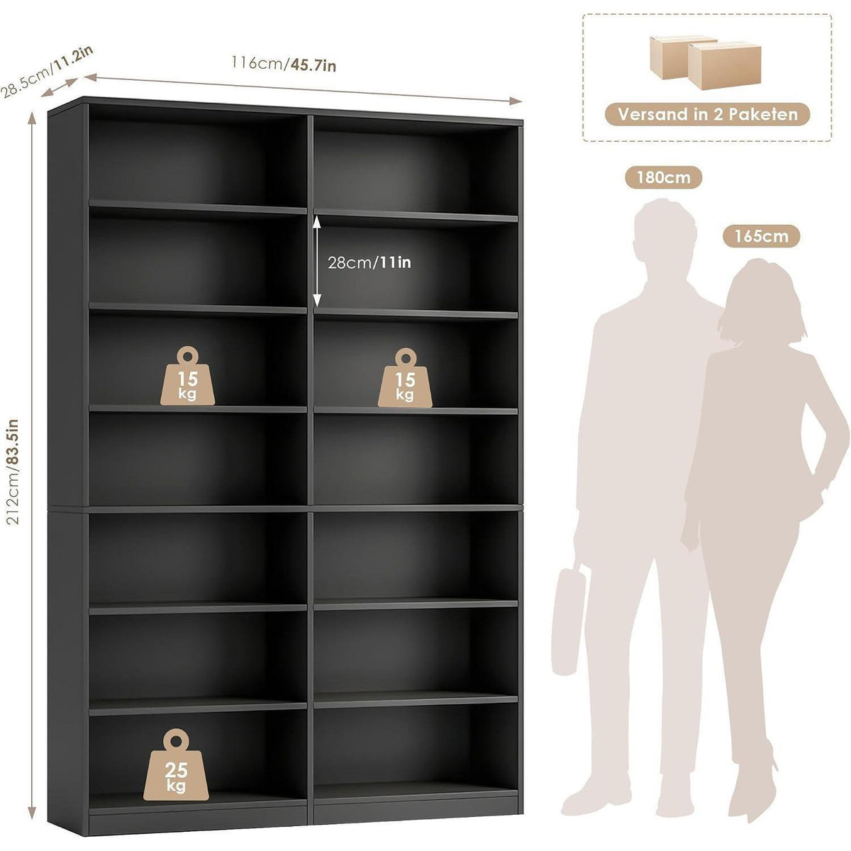 Bücherregal 212cm, 14 Fächer, Schwarz – Standregal & Vitrine