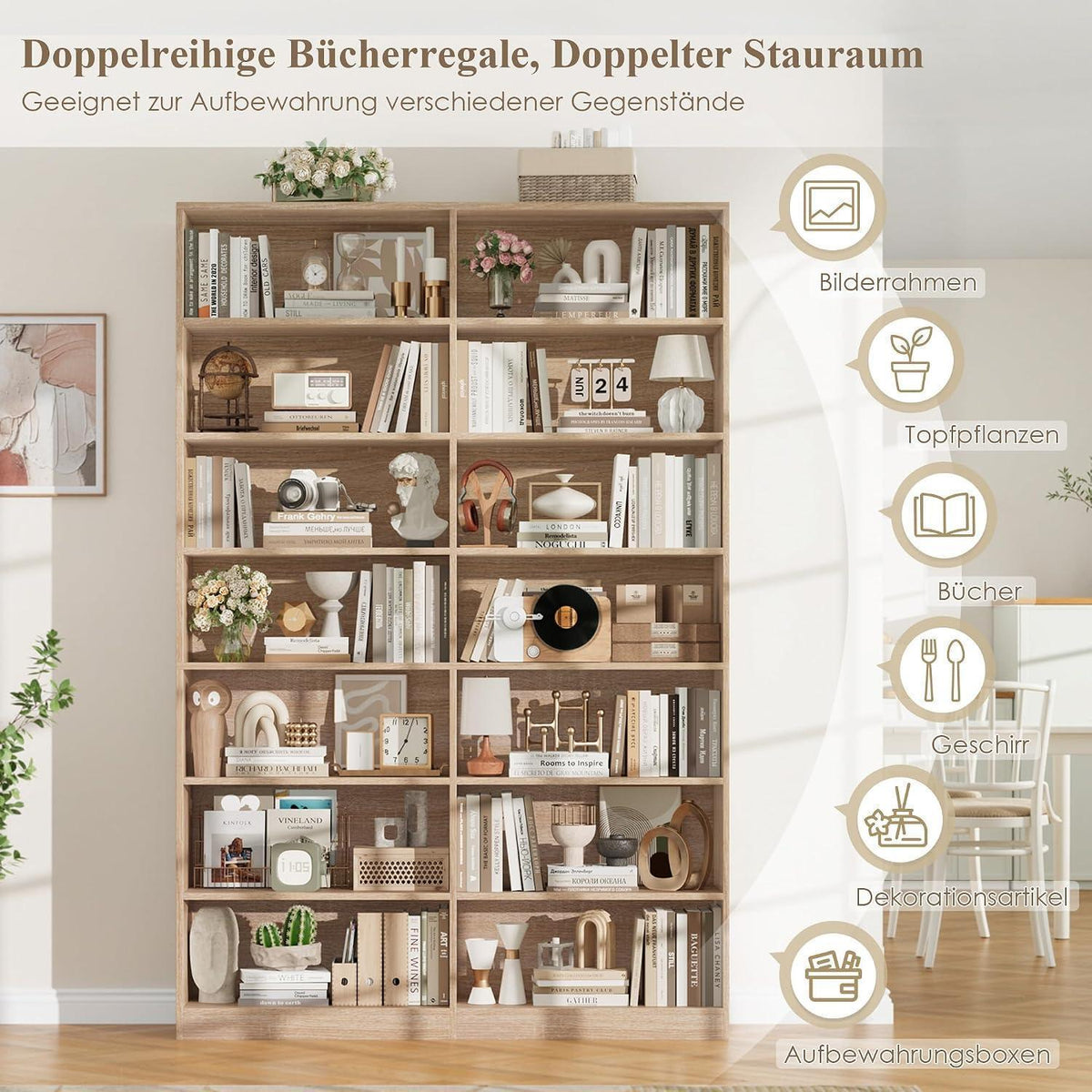 Bücherregal Eiche, 212 cm hoch, 14 Fächer – Standregal & Vitrine