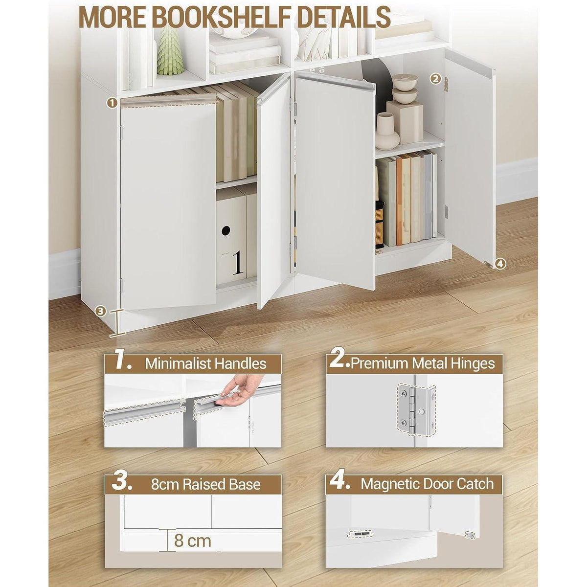 Freistehendes Bücherregal mit 4 Türen & 10 Fächern, Weiß