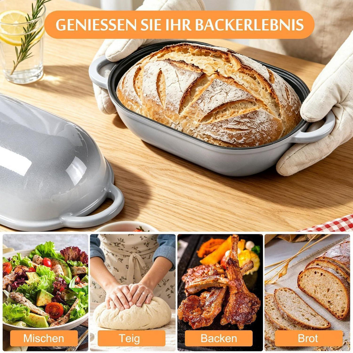 Gusseisen Brotbackform mit Deckel, 23 cm, Hellgrau