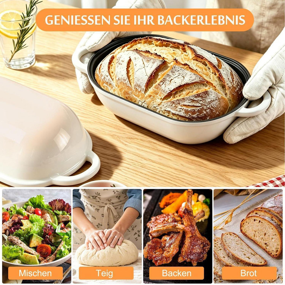 Gusseisen Brotbackform mit Deckel, 28 cm, Weiß