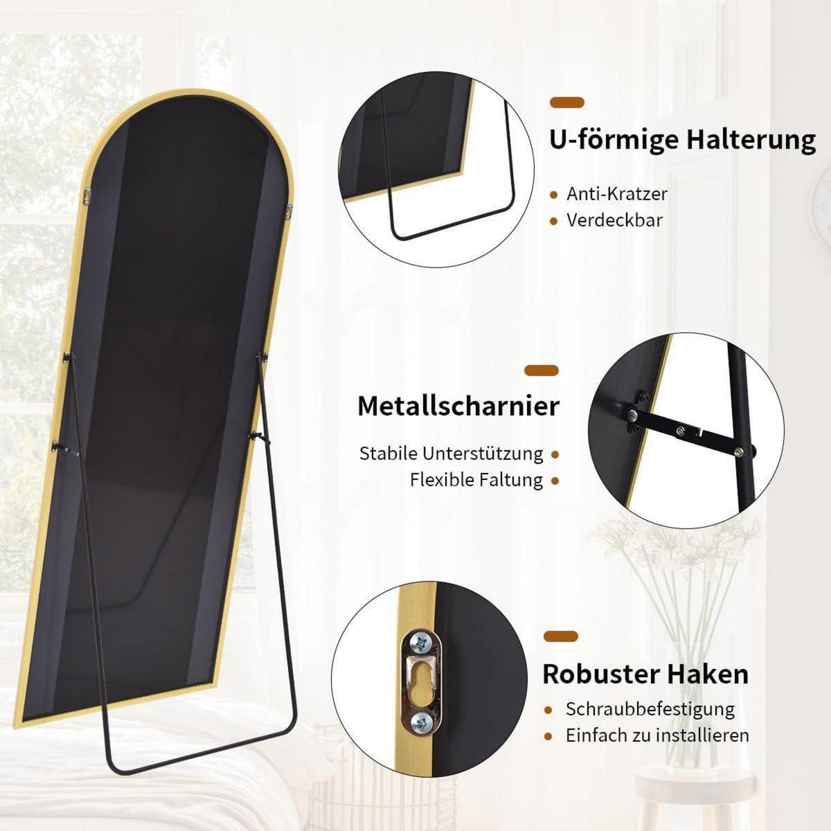 Ganzkörperspiegel Bogenförmig Gold | 170x70cm, Stand- & Wandspiegel