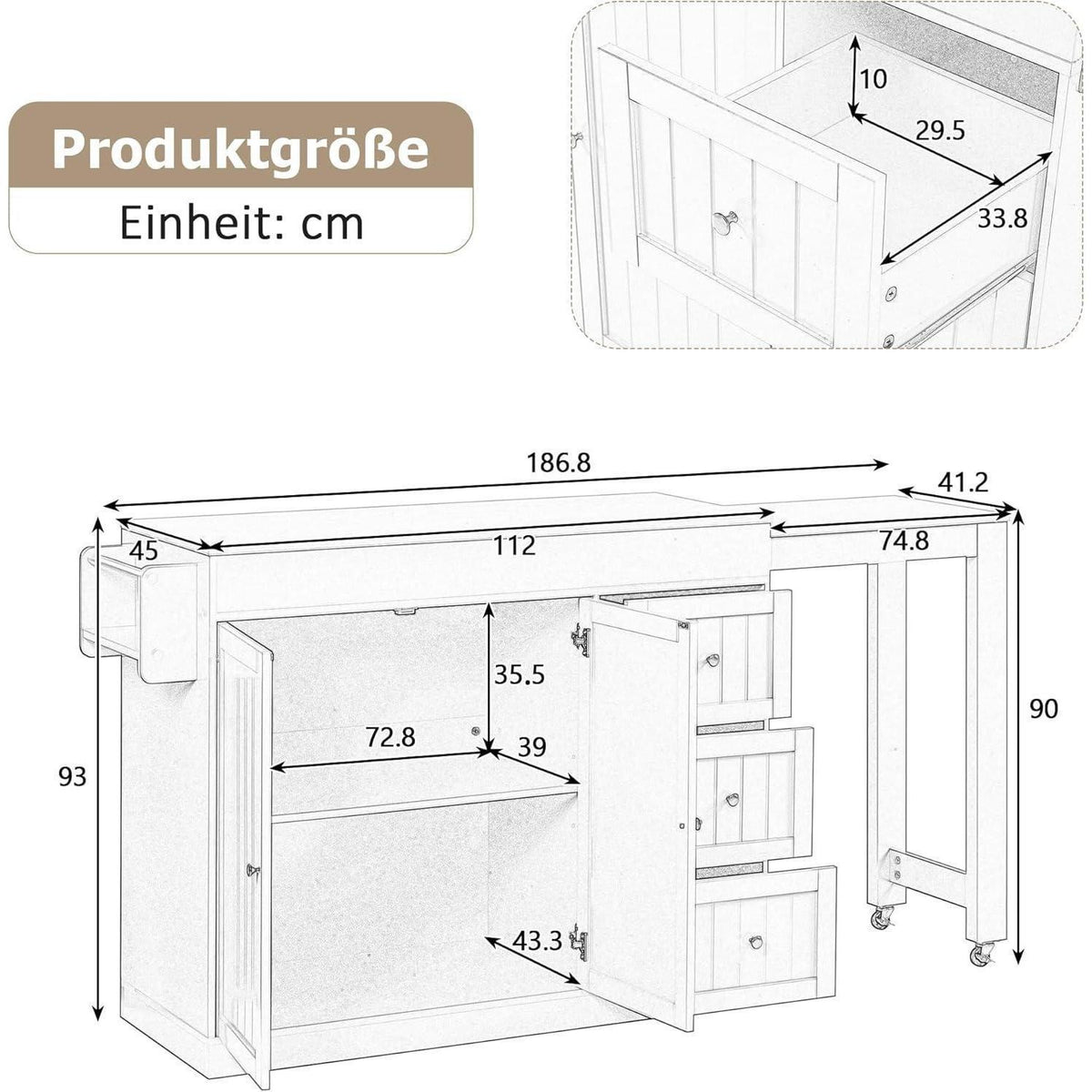 Mobile Kücheninsel mit Ausziehbarer Arbeitsplatte (Weiß)