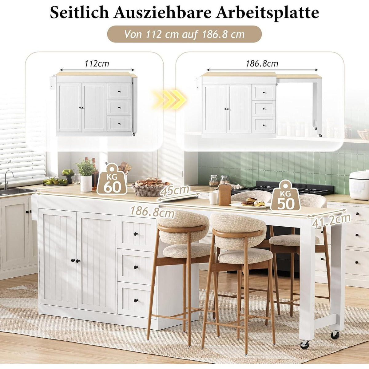 Mobile Kücheninsel mit Ausziehbarer Arbeitsplatte (Weiß)