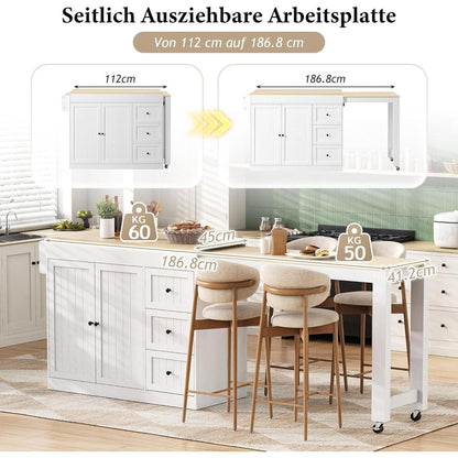 Mobile Kücheninsel mit Ausziehbarer Arbeitsplatte (Weiß)