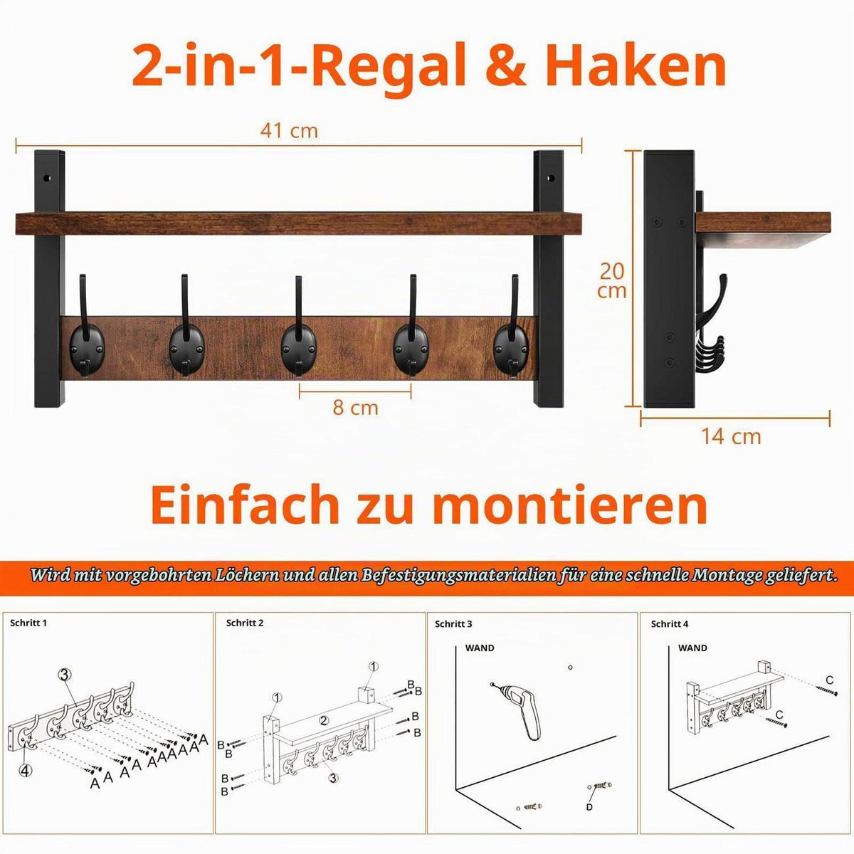 Wandgarderobe mit Ablage und 5 Haken aus Holz