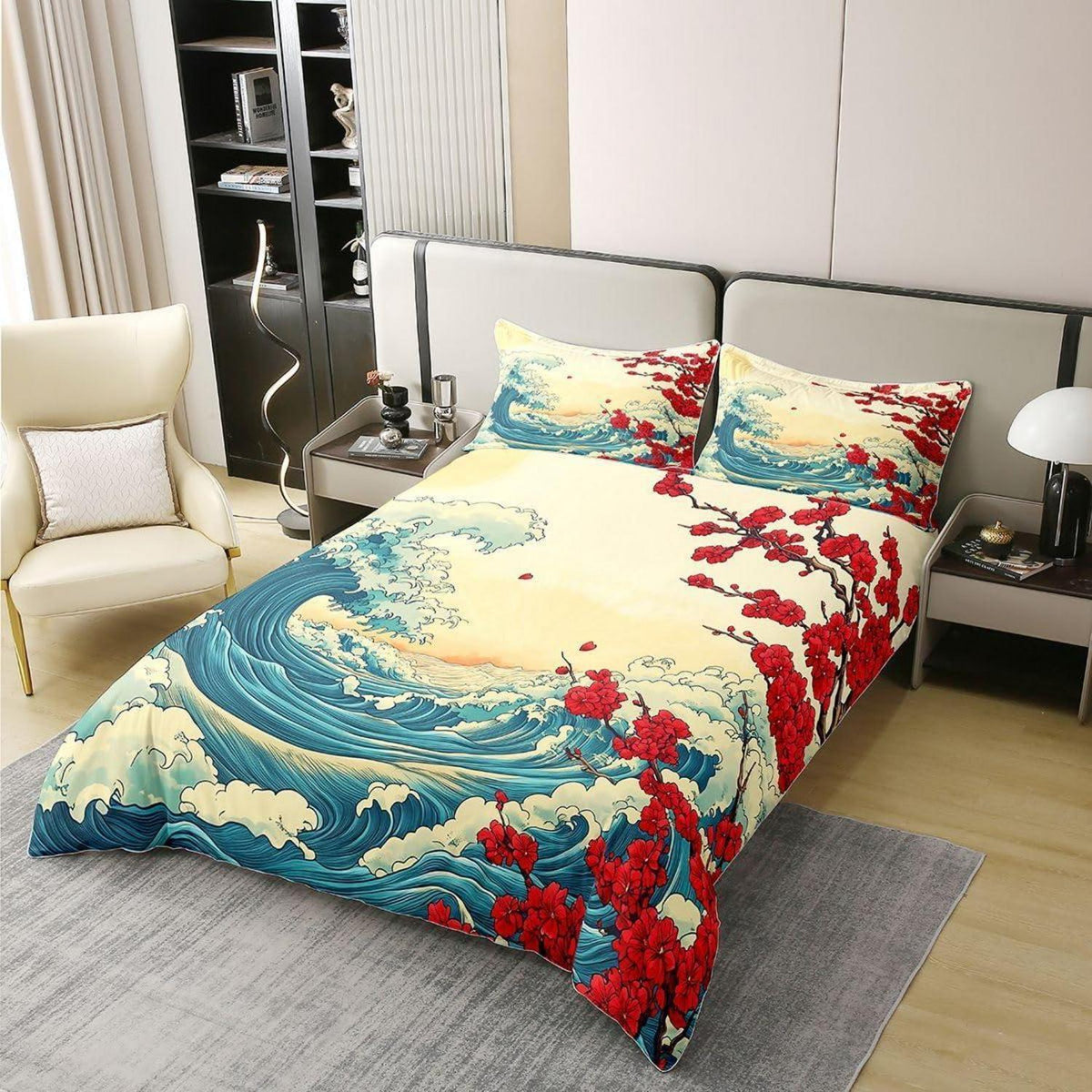 Japanischer Ukiyo-e Bettbezug 200x200 Baumwolle – Retro Wellen Design