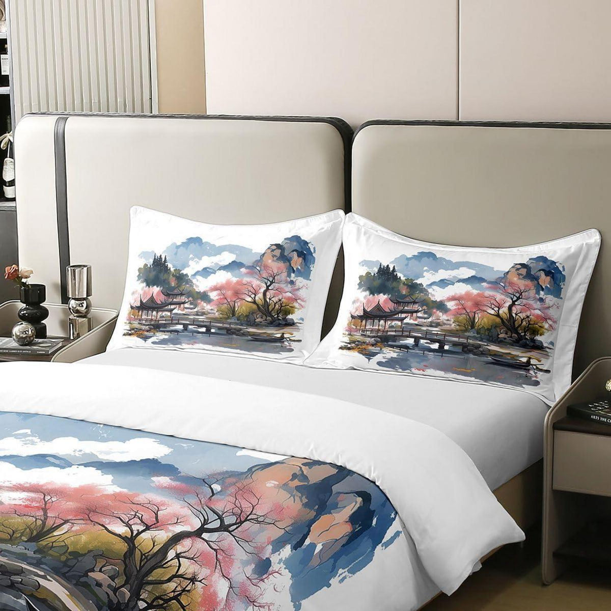 Chinesische Tuschemalerei Bettwäsche Set 135x200 Baumwolle