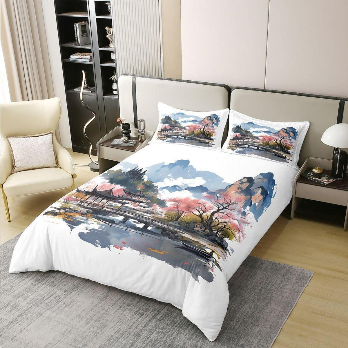Chinesische Tuschemalerei Bettwäsche Set 155x220 Baumwolle