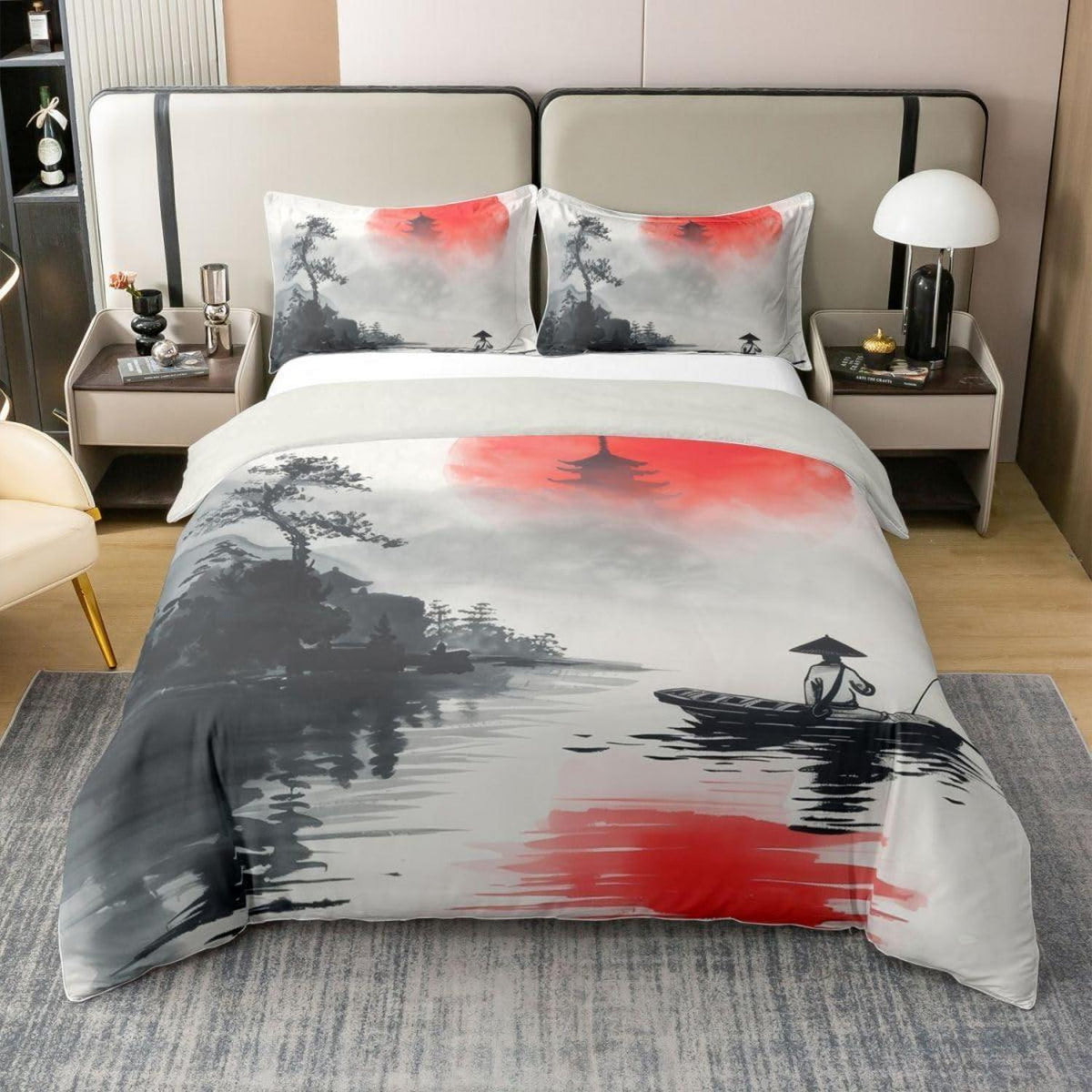 Japanisches Bettwäsche-Set Baumwolle 135x200 – Rote Sonne & Kiefer