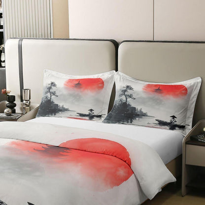 Japanisches Bettwäsche-Set Baumwolle 135x200 – Rote Sonne & Kiefer
