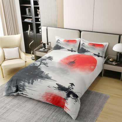 Japanisches Bettwäsche-Set Baumwolle 200x200 – Rote Sonne & Kiefer